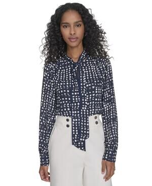 Calvin Klein Women's Printed Tie-Neck Blouse in Navy Blue Cream